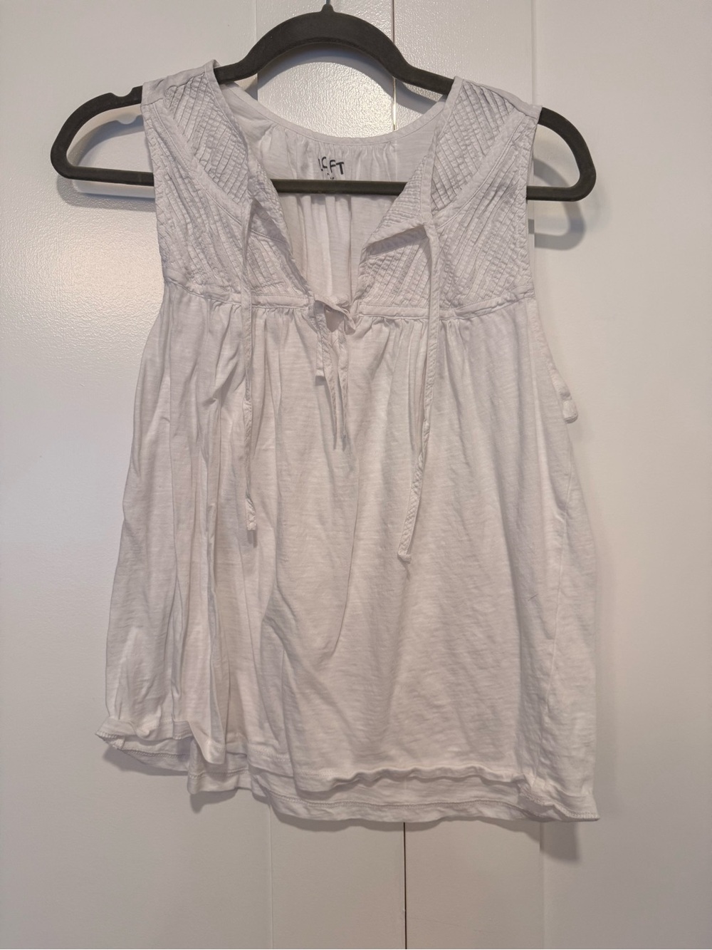 LOFT White Sleeveless Tie-Front Tank with Smocked Yoke